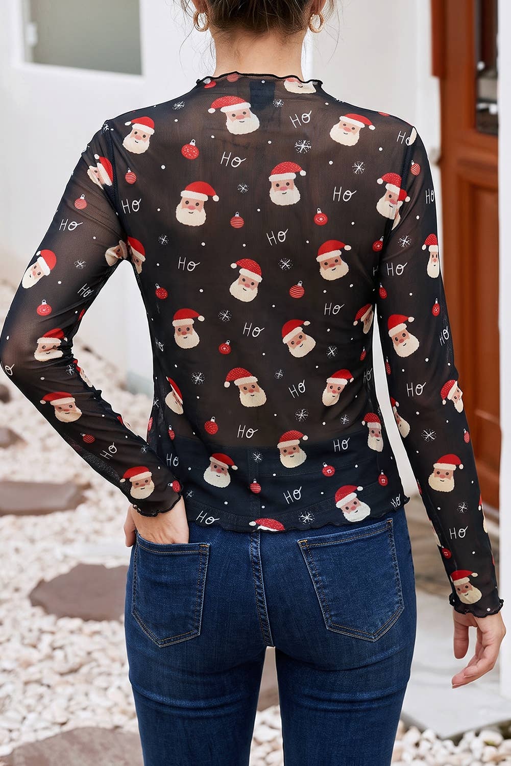 LDC Christmas Santa Print Sheer Mock neck Long Sleeve Top