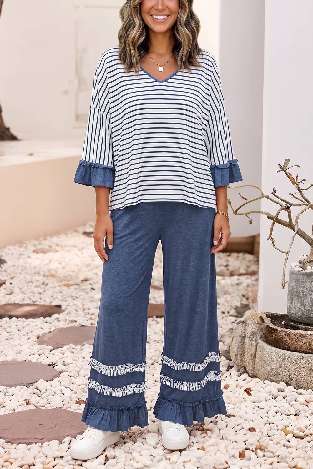 Stripe Ruffle Contrast Sleeve Drawstring Pants Set |S-4X