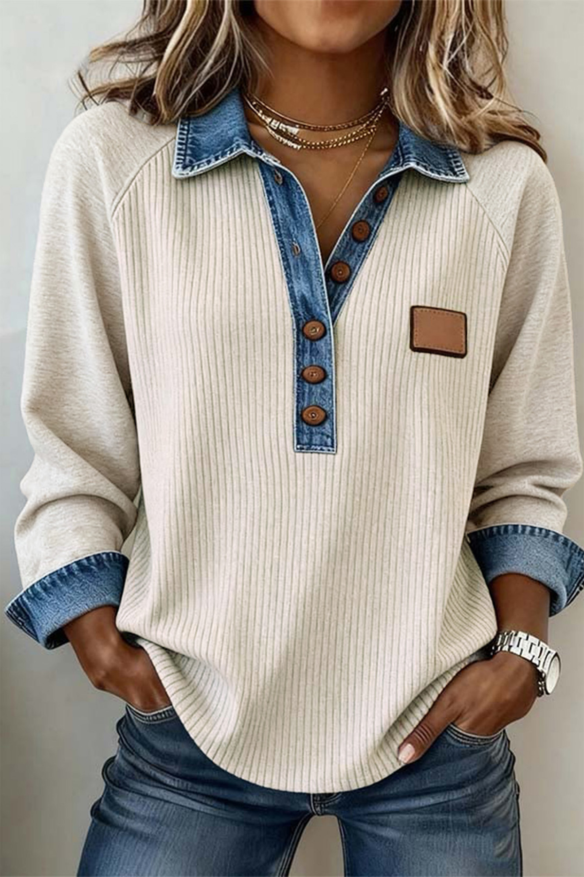 F/W26 Ribbed Colorblock Detail Button Collar Top | S-4X