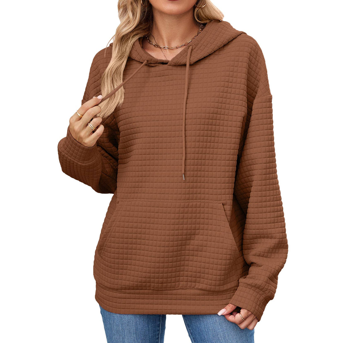 Textured Drawstring Hoodie With Pocket