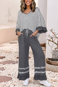 Stripe Ruffle Contrast Sleeve Drawstring Pants Set |S-4X