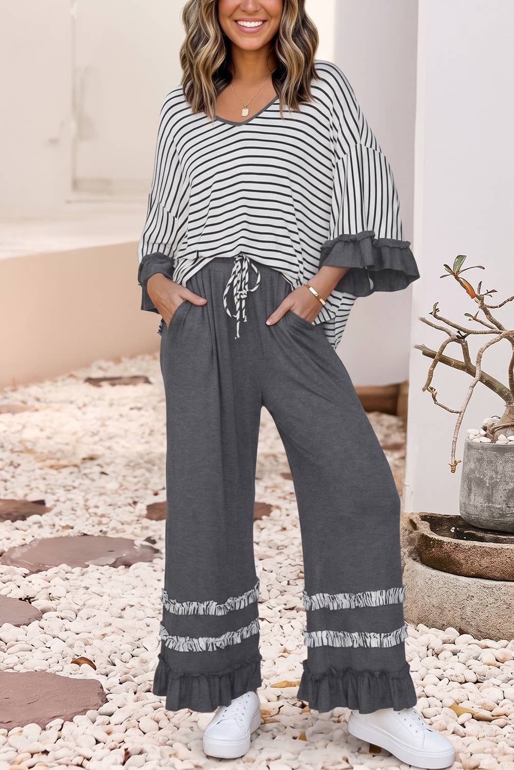 Stripe Ruffle Contrast Sleeve Drawstring Pants Set |S-4X