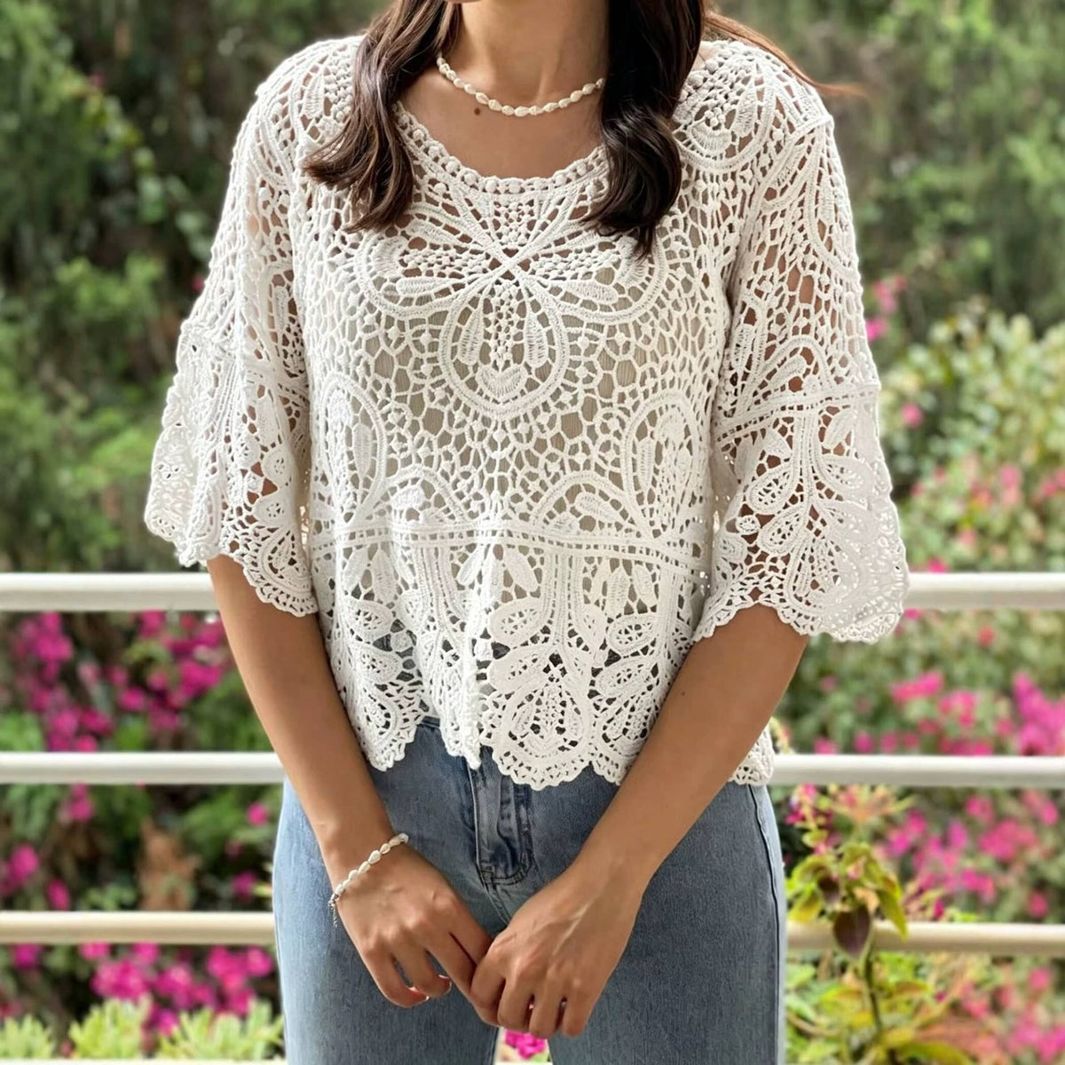 Vintage Lace Crochet 3/4 Sleeve Knit Top