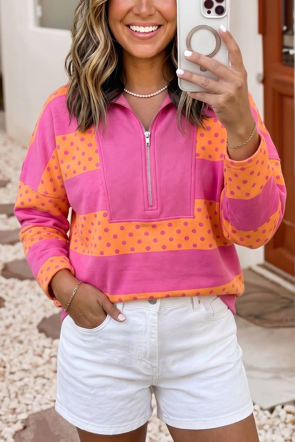 Stripe Polka Dot Colorblock Zipper Pullover Sweatshirt