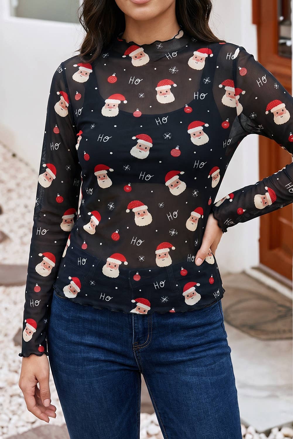 LDC Christmas Santa Print Sheer Mock neck Long Sleeve Top