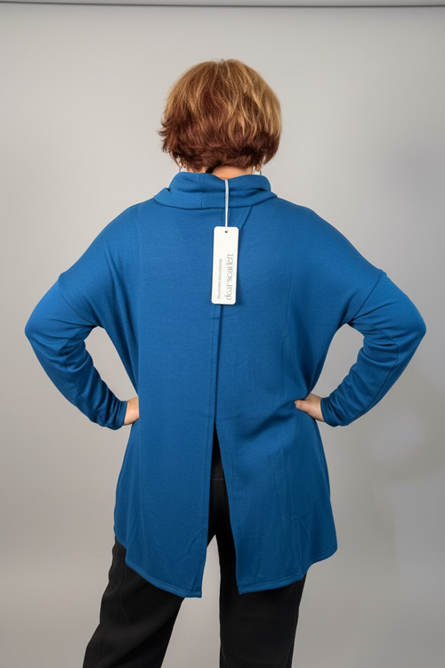 Blue Split-Back Cowl Neck Tunic