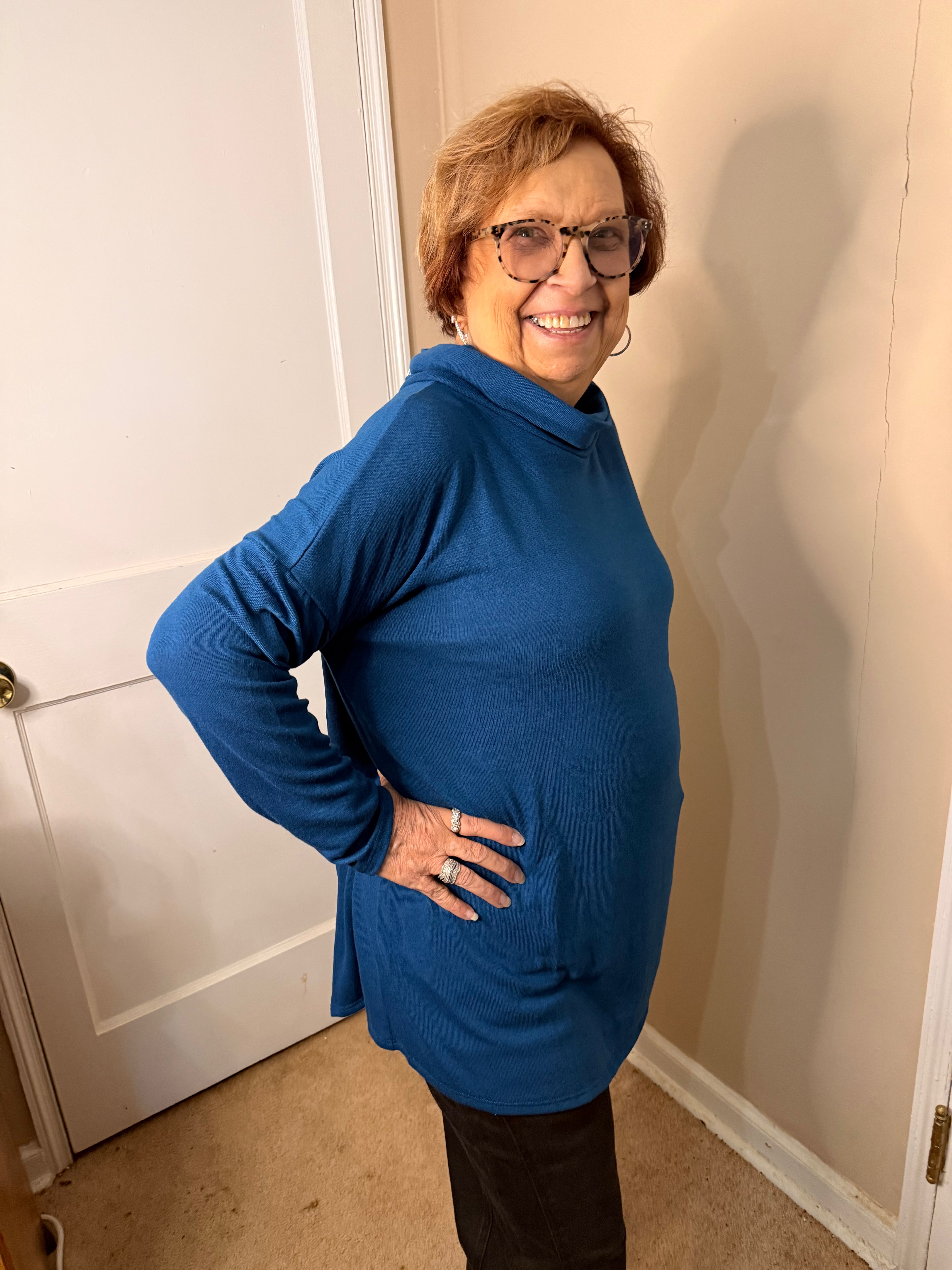 Blue Split-Back Cowl Neck Tunic