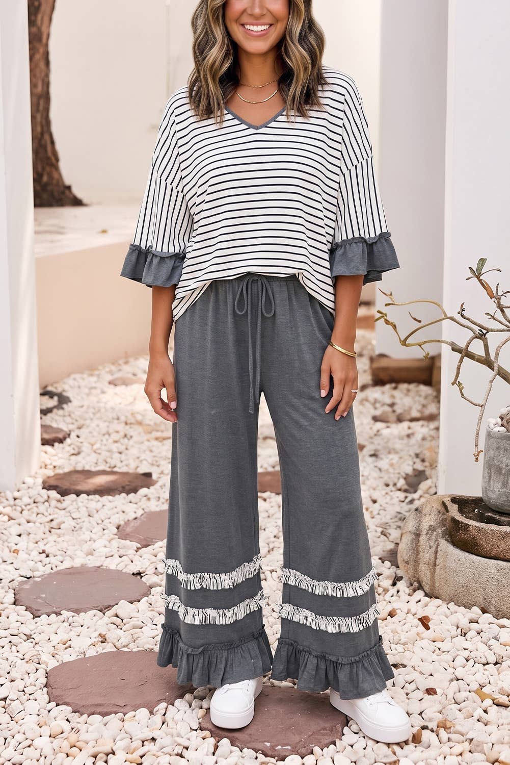 Stripe Ruffle Contrast Sleeve Drawstring Pants Set |S-4X