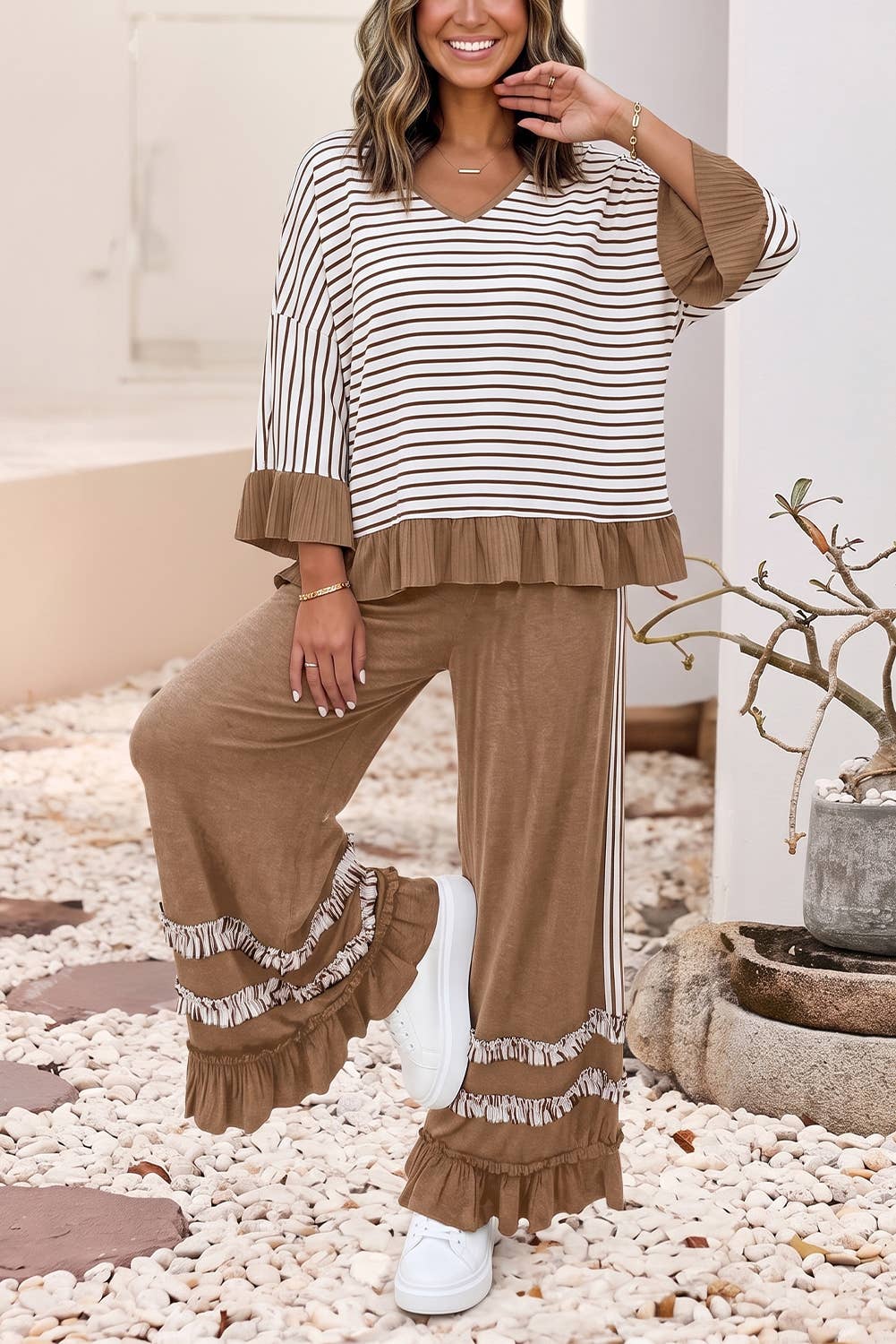 Stripe Ruffle Contrast Sleeve Drawstring Pants Set |S-4X