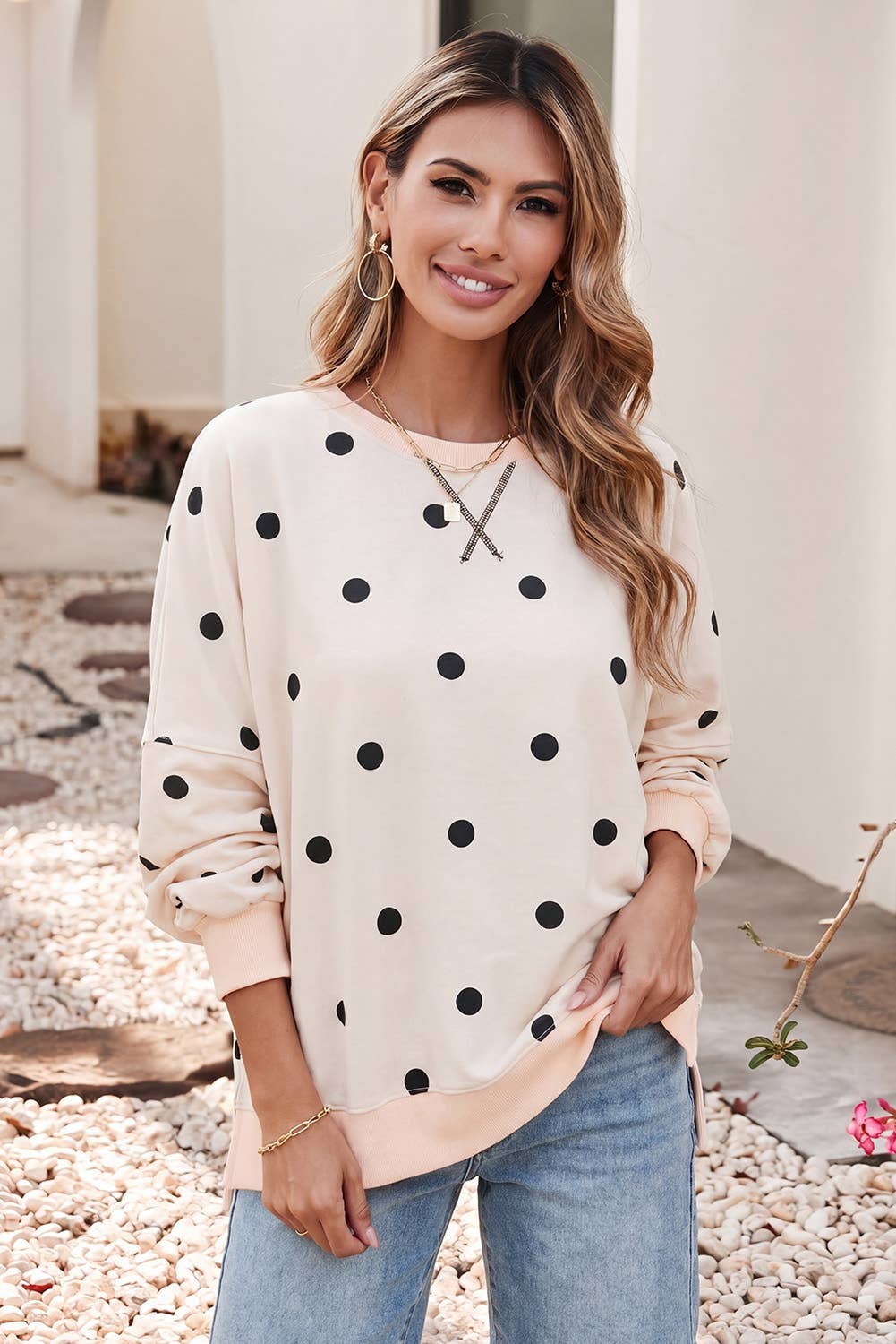 LDC Polka Dot Round Neck Oversized Sweatshirt | S-4X