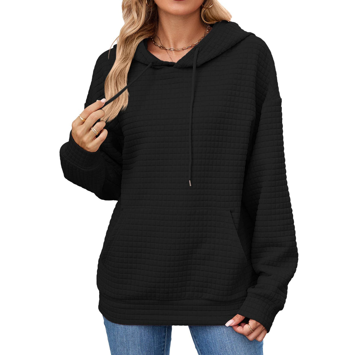 Textured Drawstring Hoodie With Pocket