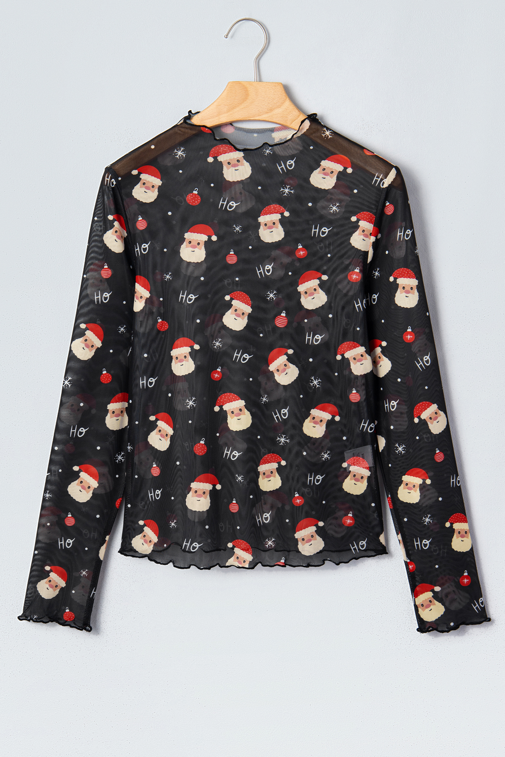 LDC Christmas Santa Print Sheer Mock neck Long Sleeve Top