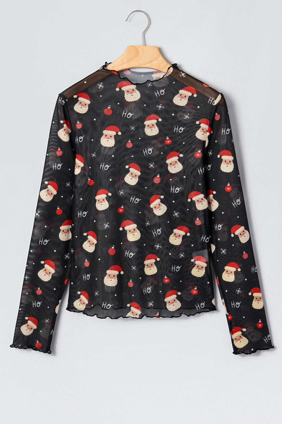 LDC Christmas Santa Print Sheer Mock neck Long Sleeve Top