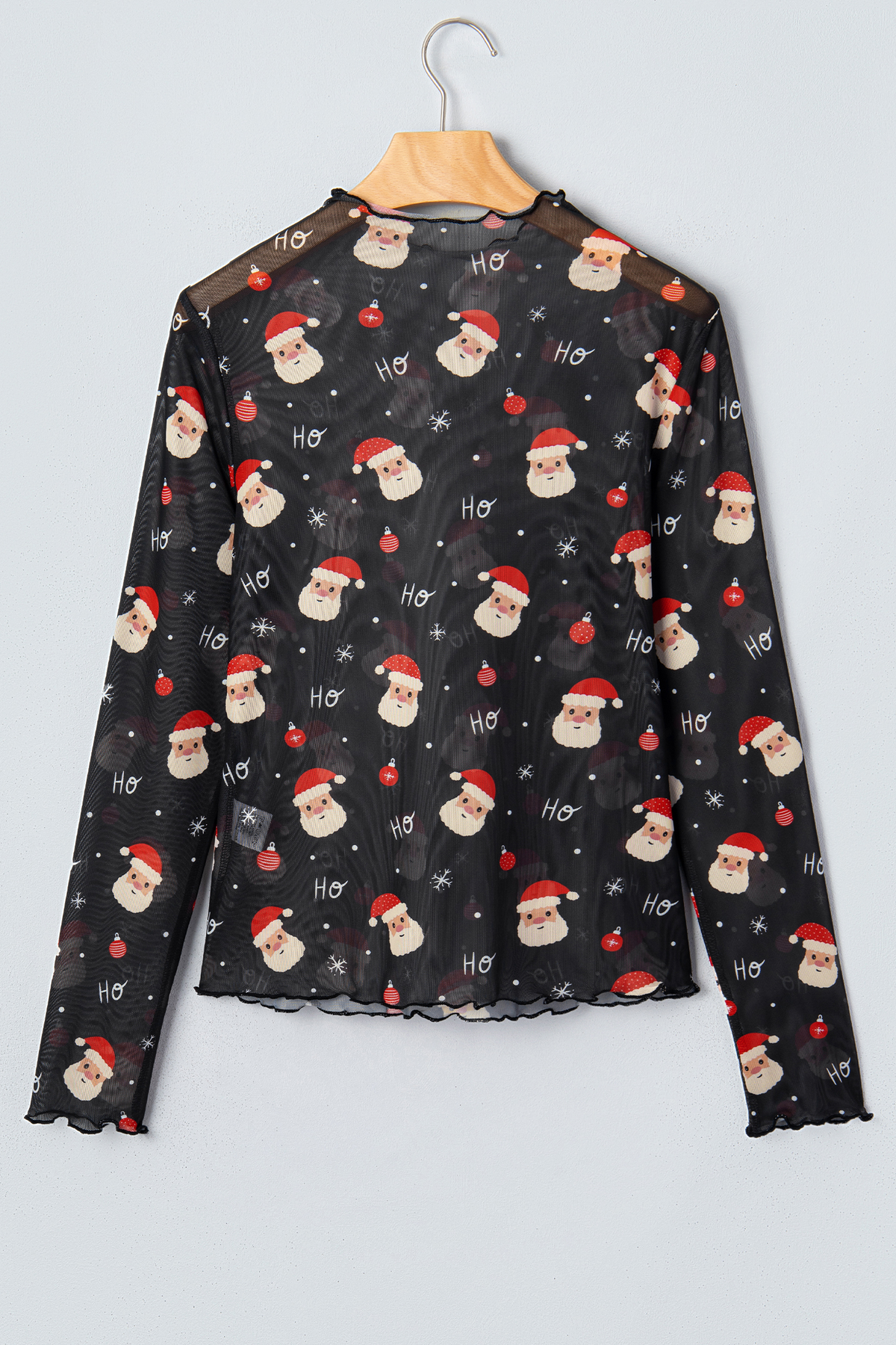 LDC Christmas Santa Print Sheer Mock neck Long Sleeve Top