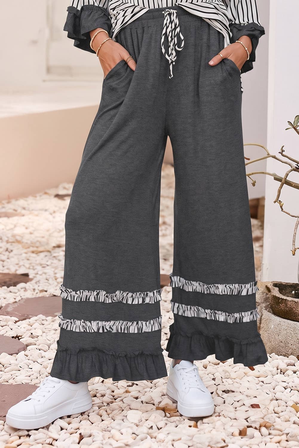 Stripe Ruffle Contrast Sleeve Drawstring Pants Set |S-4X
